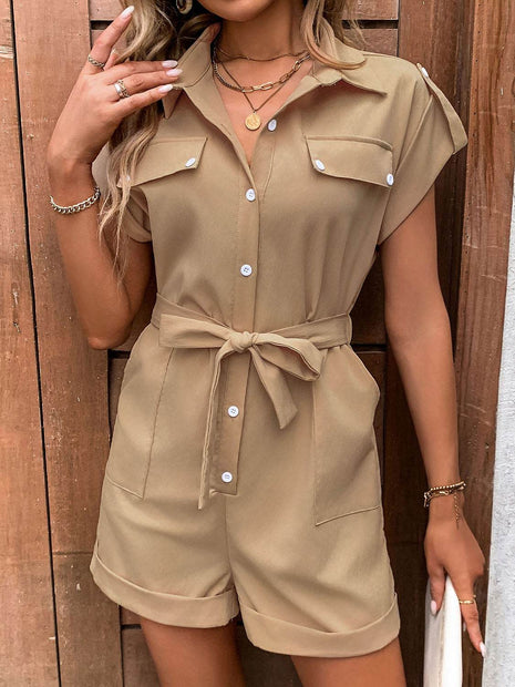 Collared Neck Tie Waist Romper with Pockets - MimiStylez