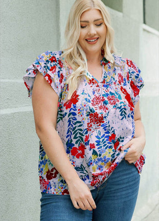 Plus Size Floral Smocked Flutter Sleeve Blouse - MimiStylez