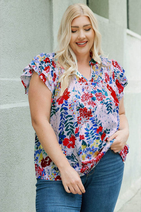 Plus Size Floral Smocked Flutter Sleeve Blouse - MimiStylez