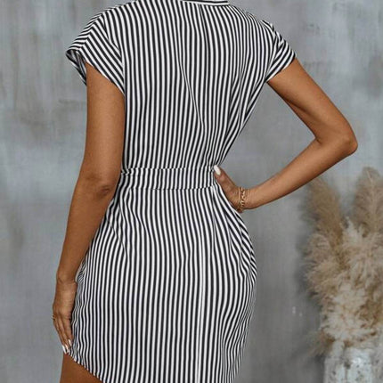 Tied Striped Cap Sleeve Mini Dress - MimiStylez
