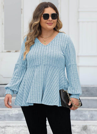 Plus Size Ribbed V-Neck Long Sleeve Blouse - MimiStylez