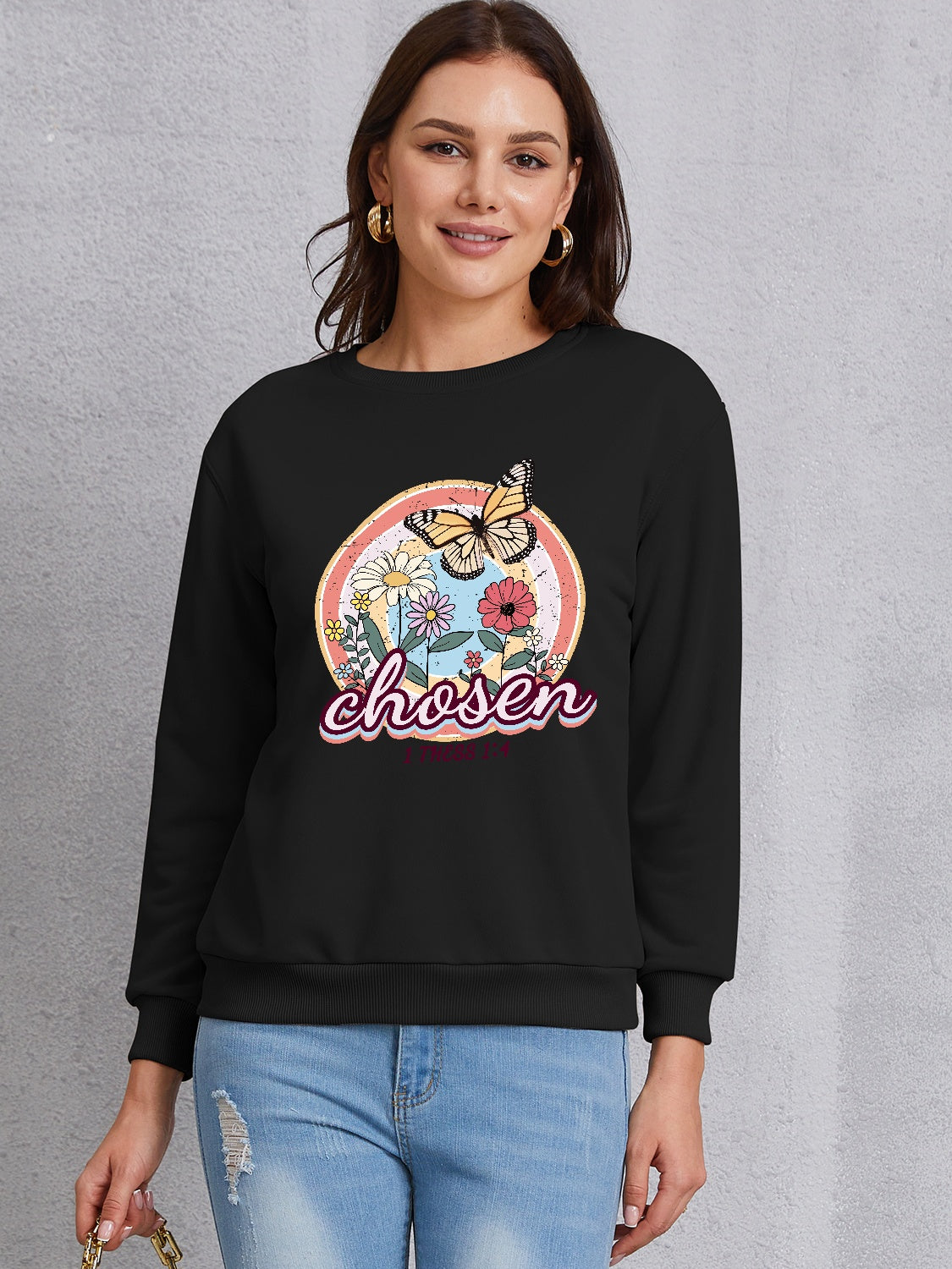 Butterfly Round Neck Dropped Shoulder Sweatshirt