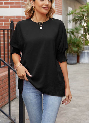 Round Neck Smocked Lantern Sleeve Blouse - MimiStylez