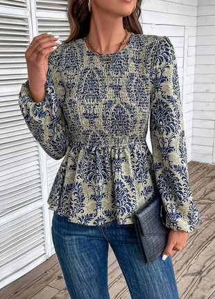 Smocked Printed Balloon Sleeve Blouse - MimiStylez