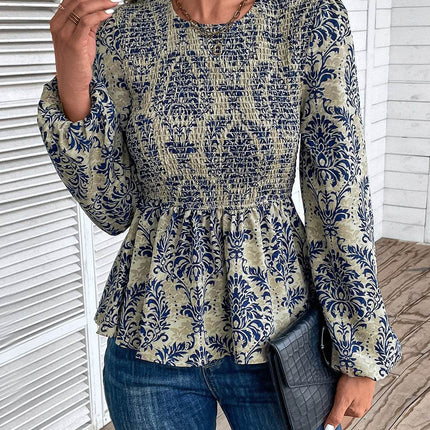 Smocked Printed Balloon Sleeve Blouse - MimiStylez