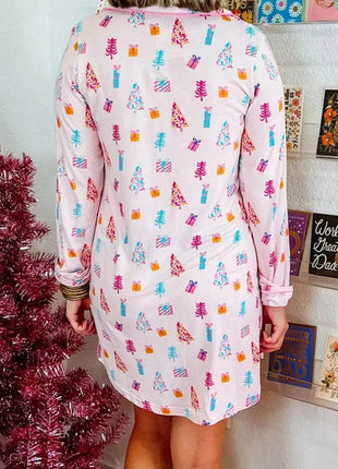 Printed Collared Neck Long Sleeve Lounge Dress - MimiStylez