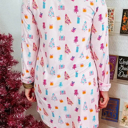 Printed Collared Neck Long Sleeve Lounge Dress - MimiStylez
