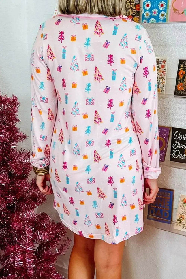Printed Collared Neck Long Sleeve Lounge Dress - MimiStylez