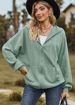 Drawstring Zip Up Dropped Shoulder Hoodie - MimiStylez