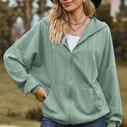 Drawstring Zip Up Dropped Shoulder Hoodie - MimiStylez