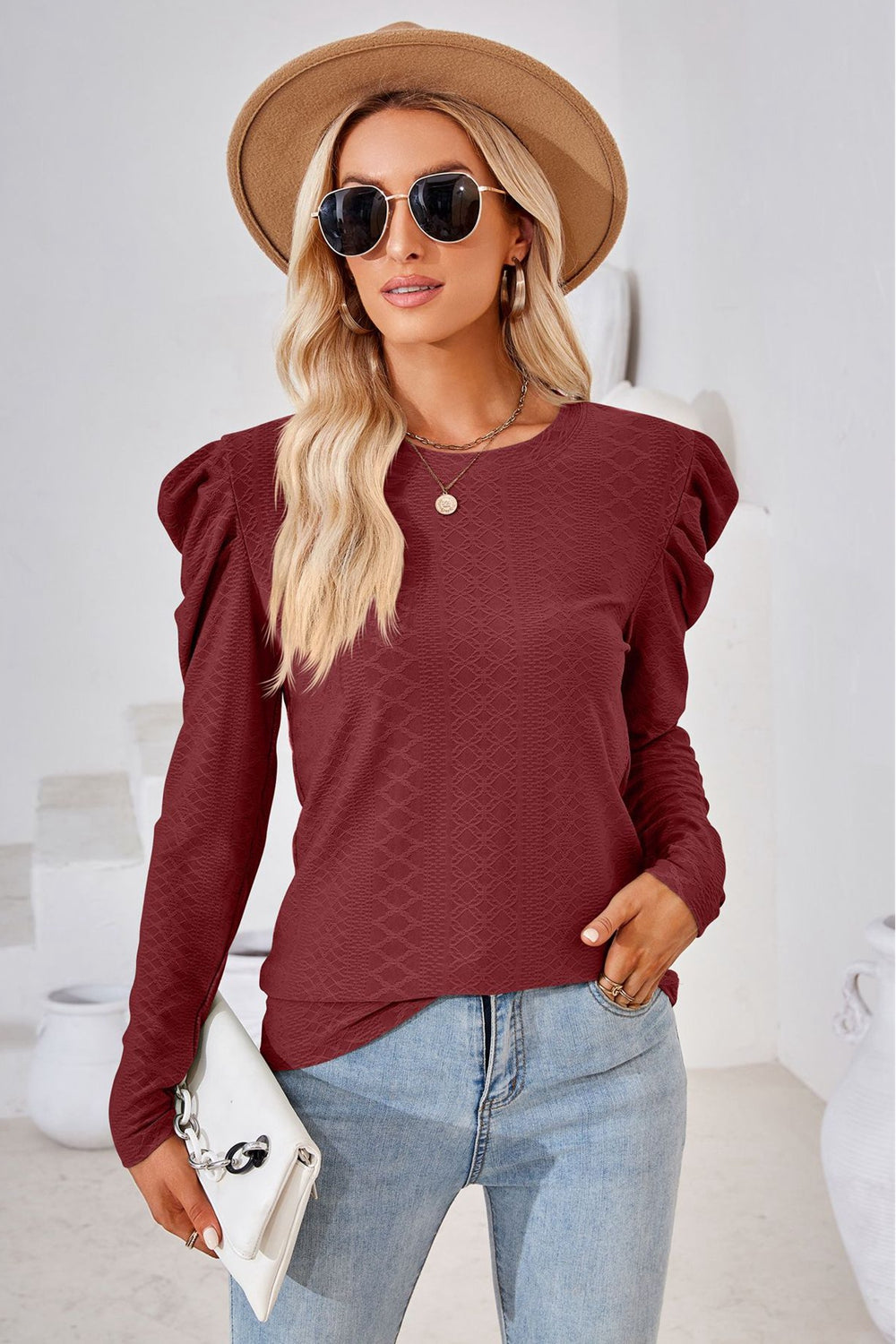 Round Neck Puff Sleeve Blouse