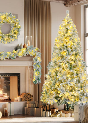 6FT Flocked Pre Lit Christmas Tree, With Garland & Wreath, Artificial Hinged Xmas Tree With Colorful LED Lights, 8 Lighting Modes, Pine Cones