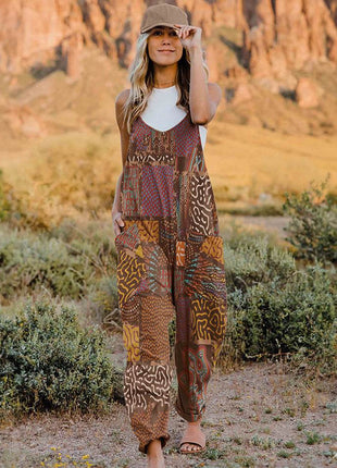 Full Size Printed V-Neck Sleeveless Jumpsuit - MimiStylez