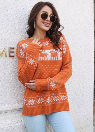 Reindeer & Snowflake Pattern Dropped Shoulder Pullover Sweater - MimiStylez