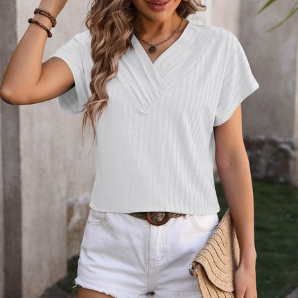 Textured Surplice Short Sleeve Blouse - MimiStylez