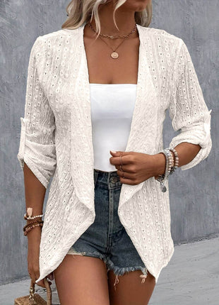 Eyelet Roll-Tab Sleeve Cardigan - MimiStylez