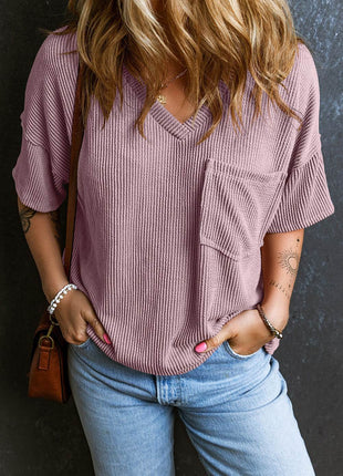 Textured V-Neck Dropped Shoulder T-Shirt - MimiStylez