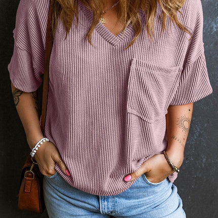 Textured V-Neck Dropped Shoulder T-Shirt - MimiStylez