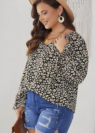 Plus Size Floral Flounce Sleeve Tie-Neck Blouse - MimiStylez