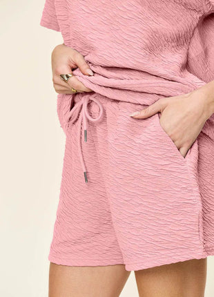 Double Take Full Size Texture Short Sleeve T-Shirt and Drawstring Shorts Set - MimiStylez