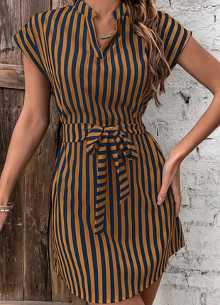 Tied Striped Cap Sleeve Mini Dress - MimiStylez