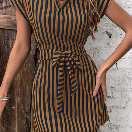 Tied Striped Cap Sleeve Mini Dress - MimiStylez