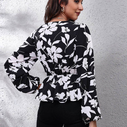 Floral V-Neck Balloon Sleeve Peplum Blouse - MimiStylez