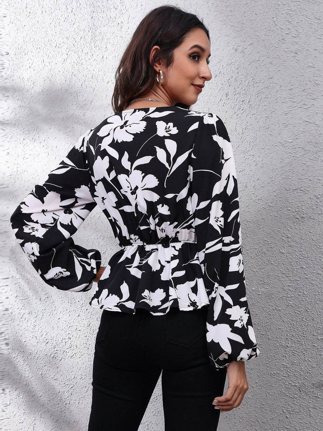 Floral V-Neck Balloon Sleeve Peplum Blouse - MimiStylez