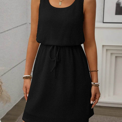 Waffle-Knit Drawstring Mini Tank Dress - MimiStylez