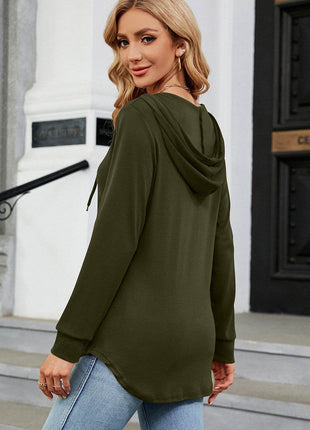 Decorative Button Drawstring Long Sleeve Hoodie - MimiStylez