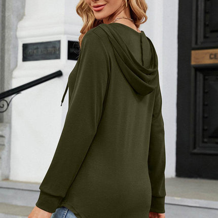 Decorative Button Drawstring Long Sleeve Hoodie - MimiStylez