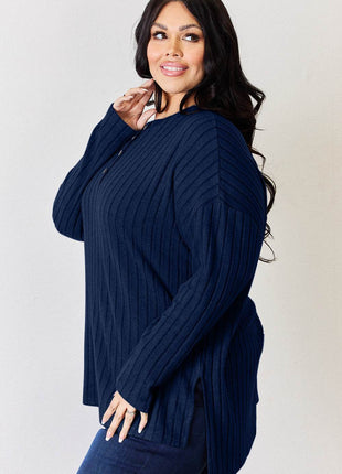 Basic Bae Full Size Ribbed Half Button Long Sleeve High-Low T-Shirt - MimiStylez