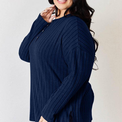 Basic Bae Full Size Ribbed Half Button Long Sleeve High-Low T-Shirt - MimiStylez