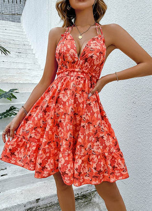 Floral Halter Neck Backless Dress - MimiStylez