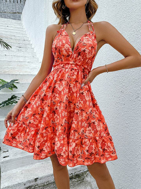 Floral Halter Neck Backless Dress - MimiStylez