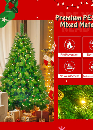 6FT Pre Lit Pine Christmas Tree With Pine Cones, Includes Pre Lit Garland and Wreath - 3PC Set