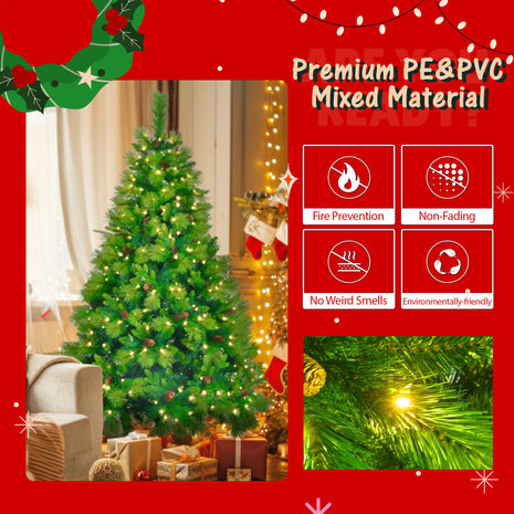 6FT Pre Lit Pine Christmas Tree With Pine Cones, Includes Pre Lit Garland and Wreath - 3PC Set
