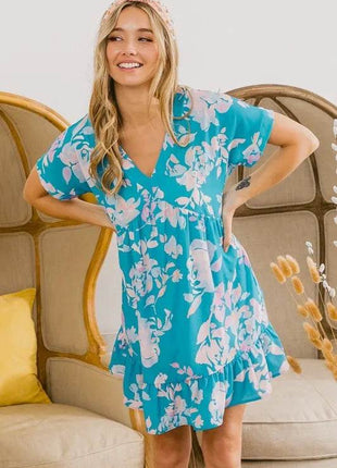 BiBi Floral Crinkle Shirred Ruffle Detail V Neck Dress - MimiStylez