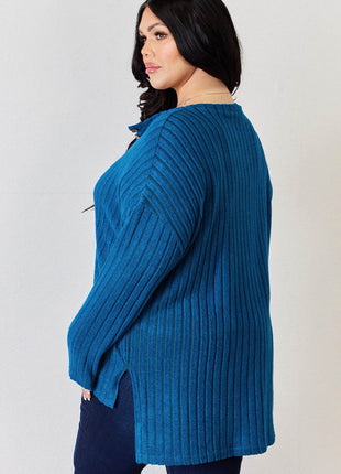 Basic Bae Full Size Ribbed Half Button Long Sleeve High-Low T-Shirt - MimiStylez