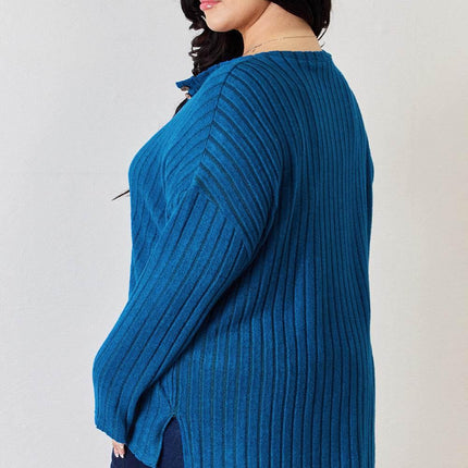 Basic Bae Full Size Ribbed Half Button Long Sleeve High-Low T-Shirt - MimiStylez