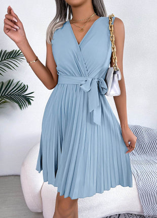 Tied Surplice Sleeveless Pleated Dress - MimiStylez