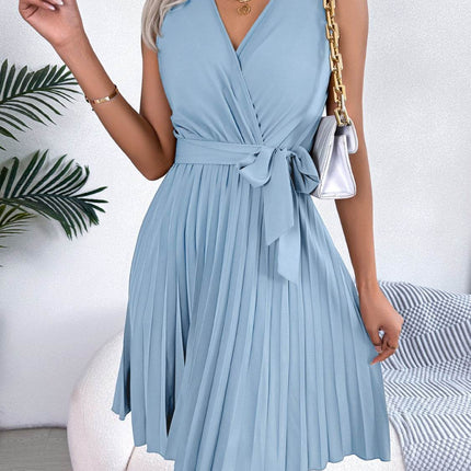 Tied Surplice Sleeveless Pleated Dress - MimiStylez