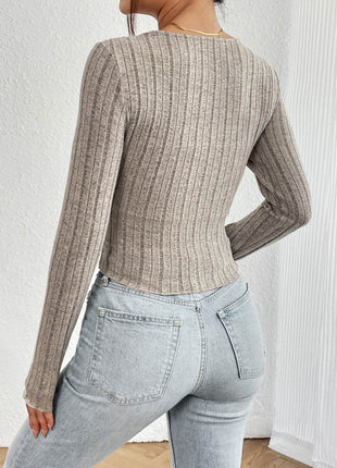 Ribbed Decorative Button Long Sleeve T-Shirt - MimiStylez
