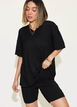 Neck Drop Shoulder T-Shirt and Shorts Set - MimiStylez