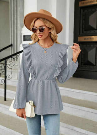 Round Neck Ruffled Peplum Blouse - MimiStylez
