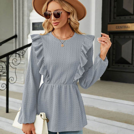 Round Neck Ruffled Peplum Blouse - MimiStylez