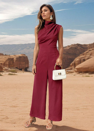 Ruched Mock Neck Sleeveless Jumpsuit - MimiStylez