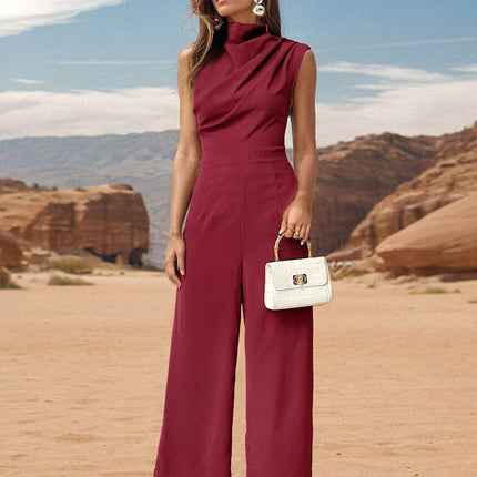 Ruched Mock Neck Sleeveless Jumpsuit - MimiStylez
