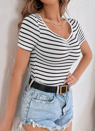 Striped V-Neck Short Sleeve T-Shirt - MimiStylez
