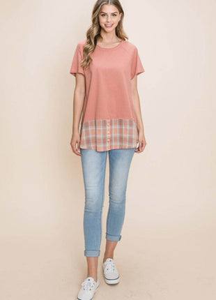 Cotton Bleu by Nu Lab Plaid Contrast Short Sleeve T-Shirt - MimiStylez